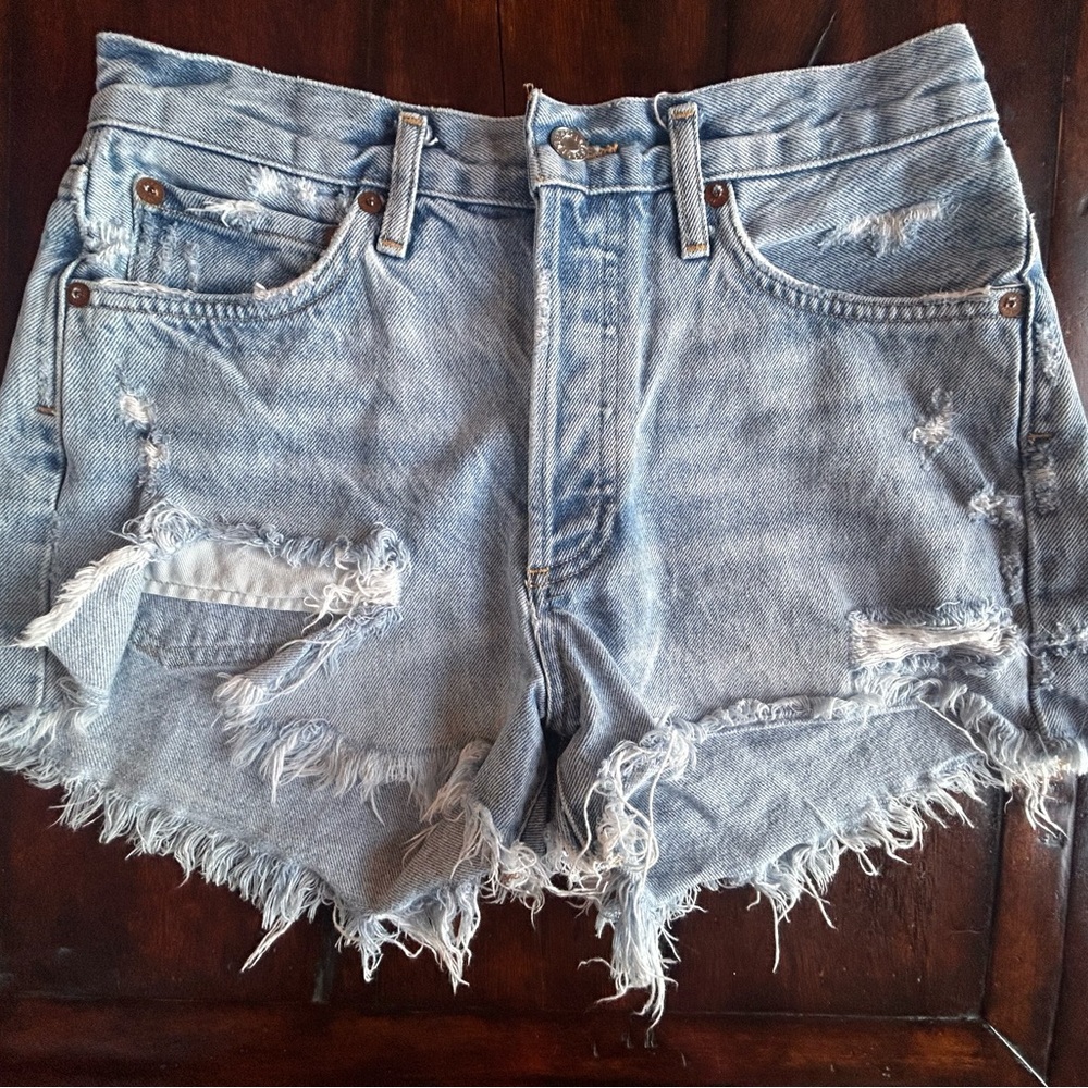 Agolde Light Blue Distressed Jean Shorts